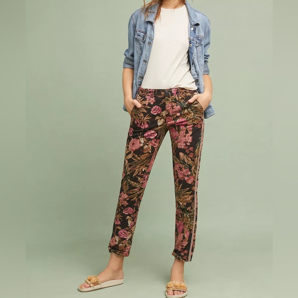 Anthropologie Floral Print Straight-Leg Trousers in Black and Pink